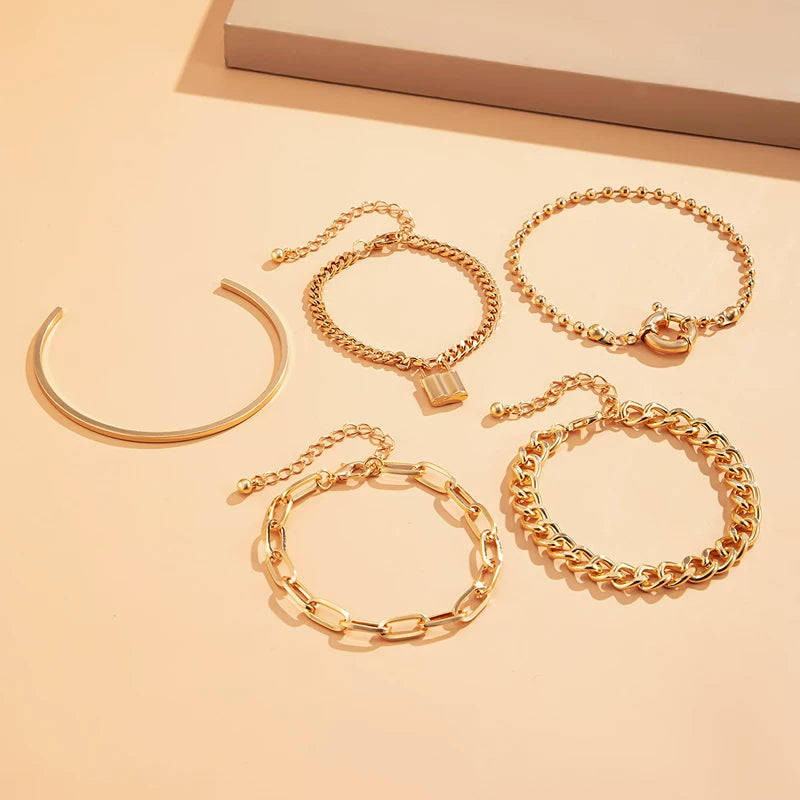 5-Piece Cross & Lock Chain Bracelet Set – European & American Hip Hop Style Stacking Bracelets, Unisex Fashion Jewelry