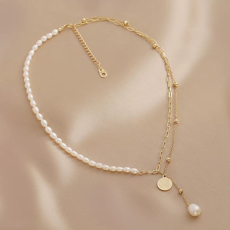 Antique Natural Freshwater Pearl Necklace For Women Niche Design Double Layer Stacked Tassel Neck Chain Clavicle Chain