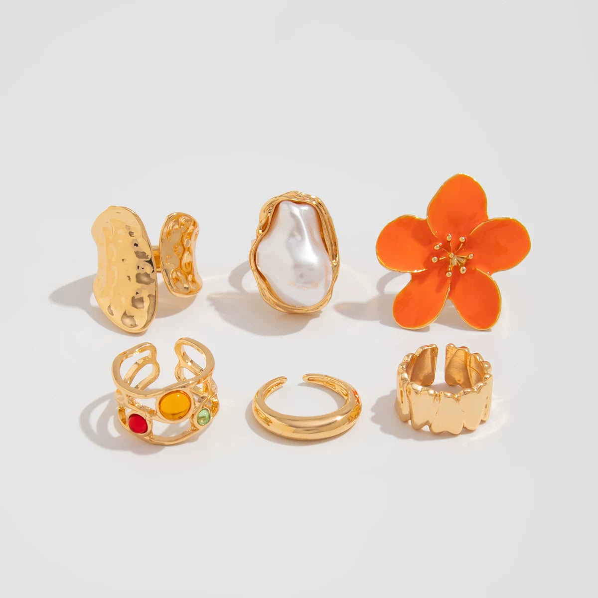 6-Piece Baroque Flower Imitation Pearl Ring Set, Trendy Personalized Fashion Internet Celebrity Style Ring Set