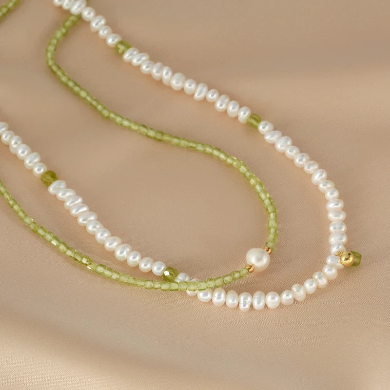 Natural Peridot and Freshwater Pearl Double Layer Clavicle Necklace for Women – Layered Stone and Pearl Necklace