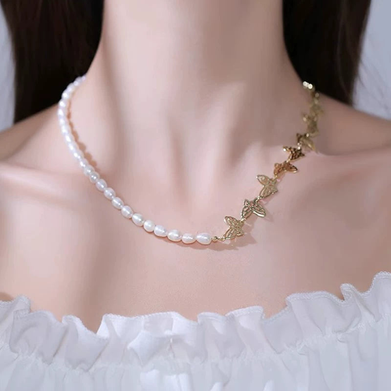 Freshwater Pearl Butterfly Clavicle Necklace for Women – Minimalist Fashion Neck Chain