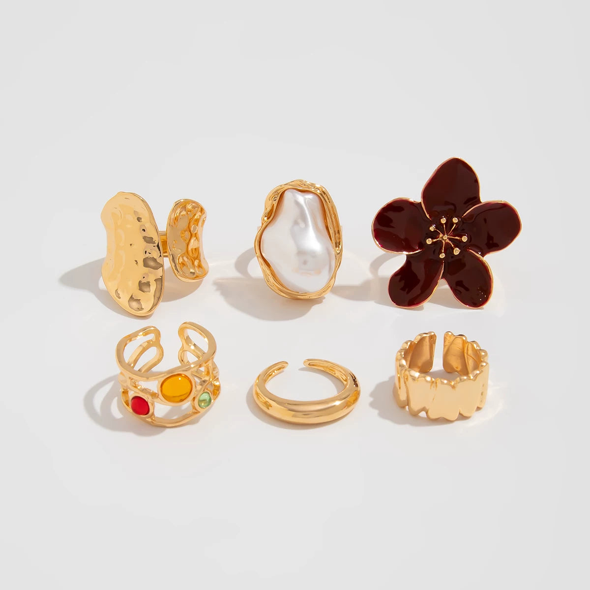 6-Piece Baroque Flower Imitation Pearl Ring Set, Trendy Personalized Fashion Internet Celebrity Style Ring Set