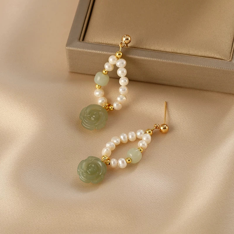 Freshwater Pearl Hetian Jade Rose Earrings for Women – Floral Summer Fashion Earrings