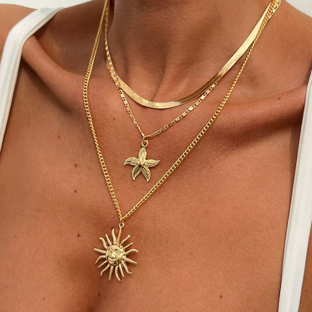 3-Piece Sunflower & Starfish Necklace Set – Layered Clavicle Chain Design
