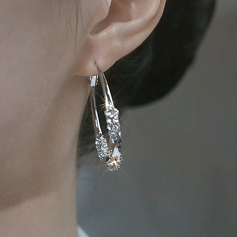 Silver Zircon Large Hoop Earrings for Women – S925 Silver Needle Statement Round Earrings