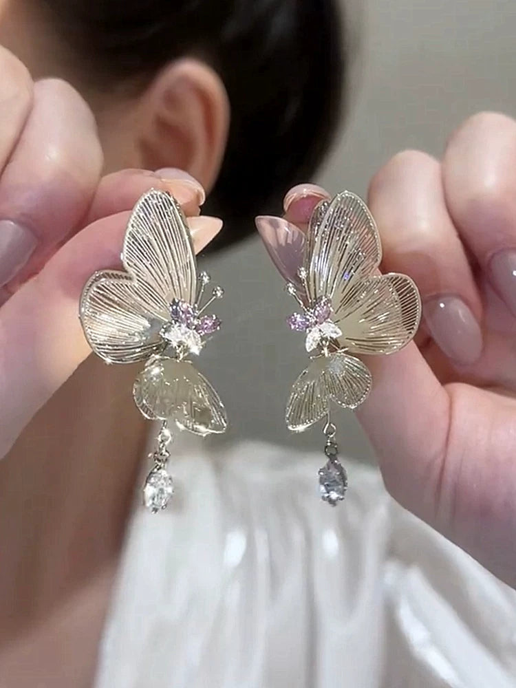 Hollow Butterfly Zircon Long Earrings for Women – S925 Silver Needle Retro Style Drop Earrings