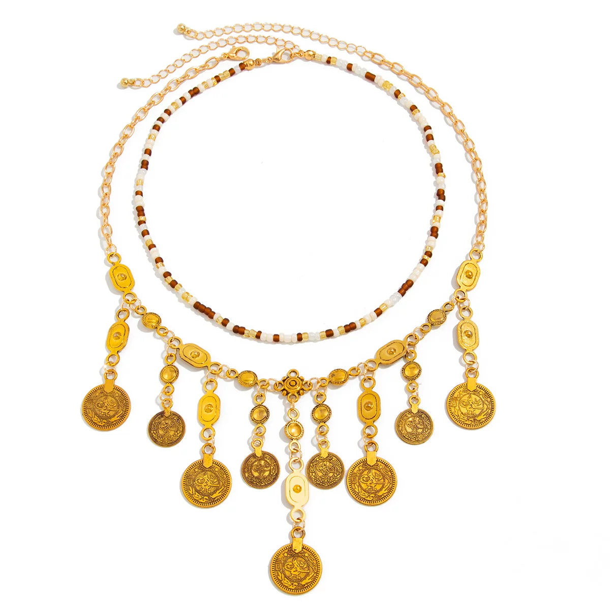 2-Piece Rice Bead & Round Coin Necklace Set for Women – Layered Clavicle Chain Design