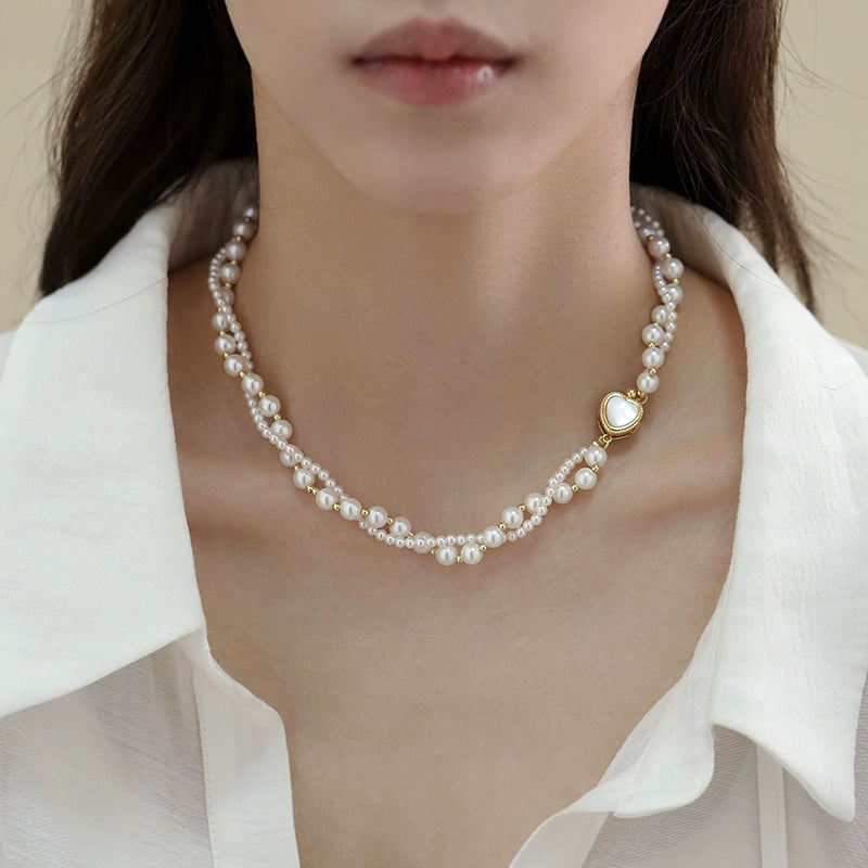 Shijia Pearl Necklace Women'S Light Luxury Advanced Double-Layer Wrap Twist Neck Bracelet French European And American Fritillaria Love Clavicle Bracelet