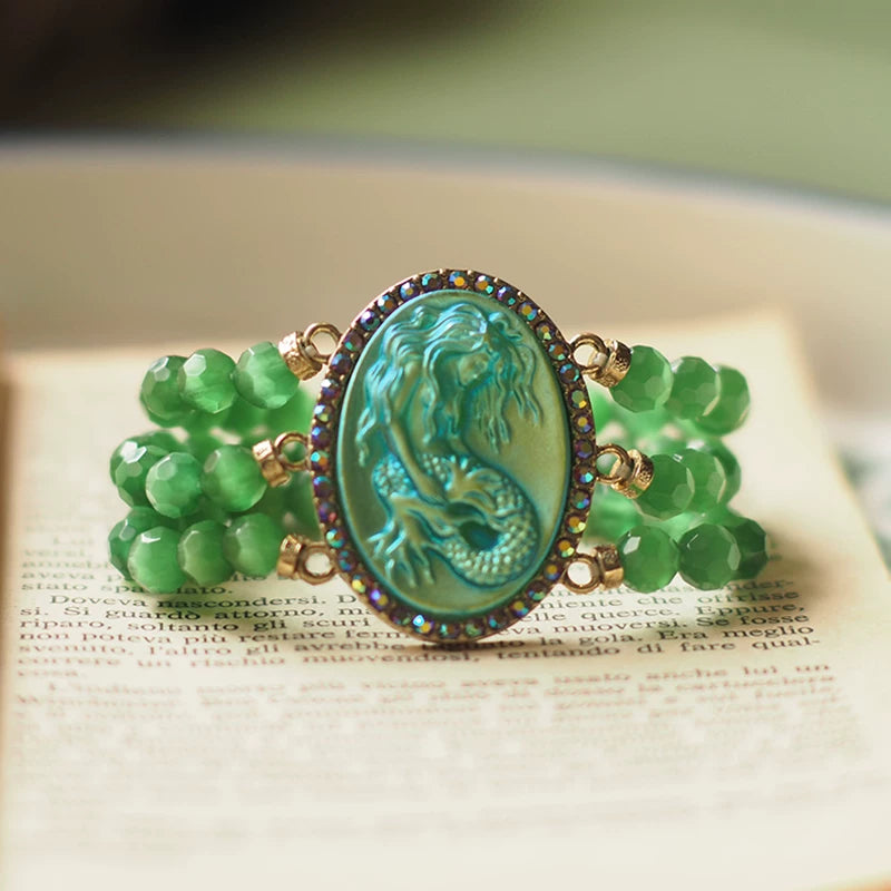 Vintage Mermaid Relief Beaded Bracelet for Women – Medieval-Inspired Retro Statement Fashion Jewelry