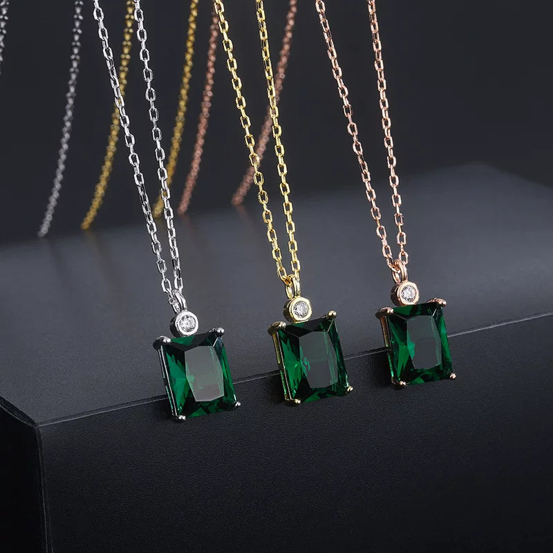 Sterling Silver Square Green Zircon Necklace for Women – Vintage Style Clavicle Chain