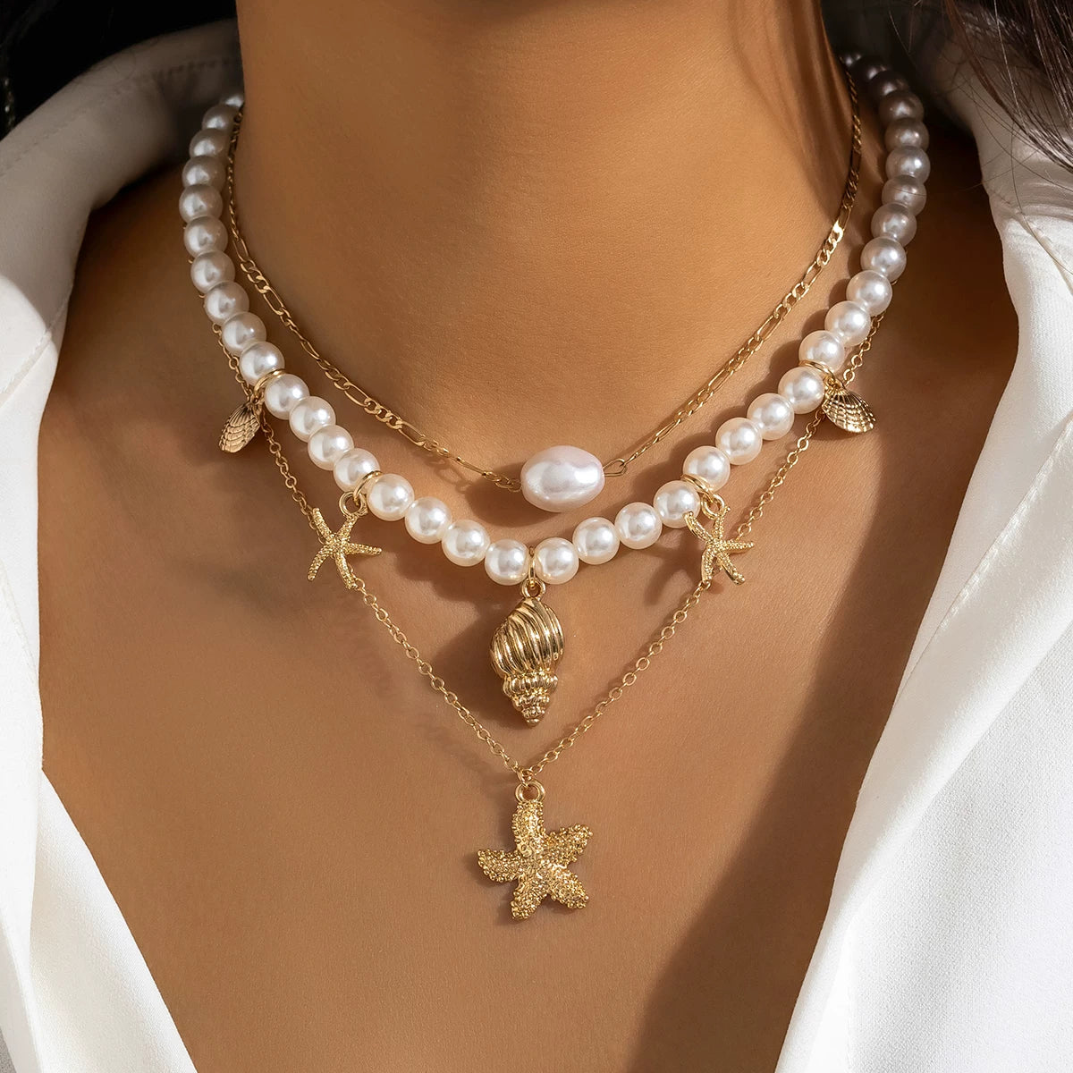 3-Piece Starfish Shell Imitation Pearl Necklace Set for Women – European & American Seaside Vacation Fashion Jewelry Accessories