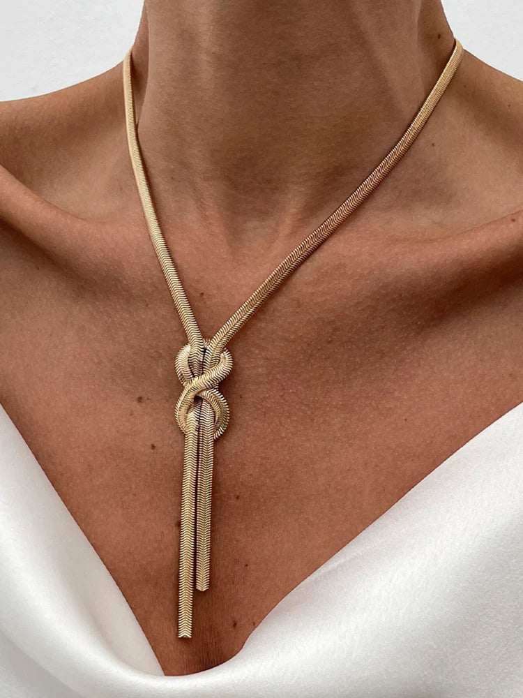 Love V Gold Knotted Tassel Snake Chain Long Necklace for Women – European & American Style 2025 Trendy Sweater Chain Jewelry