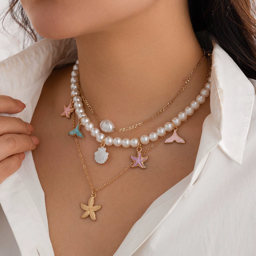 3-Piece Starfish & Scallop Imitation Pearl Necklace Set – Layered Clavicle Chain Design