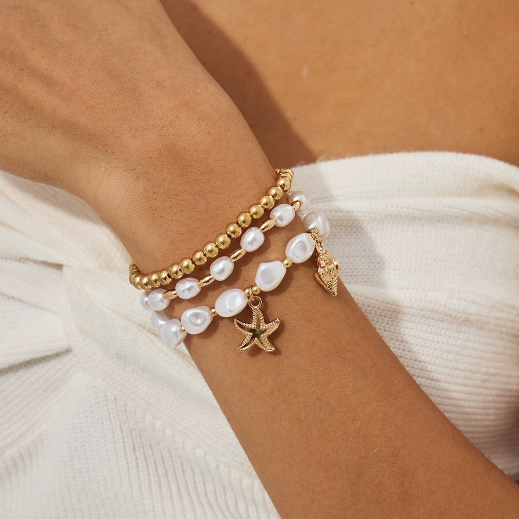 3-Piece Starfish & Conch Imitation Pearl CCB Hand Jewelry Set for Women – European & American Trendy Seaside Vacation Accessories