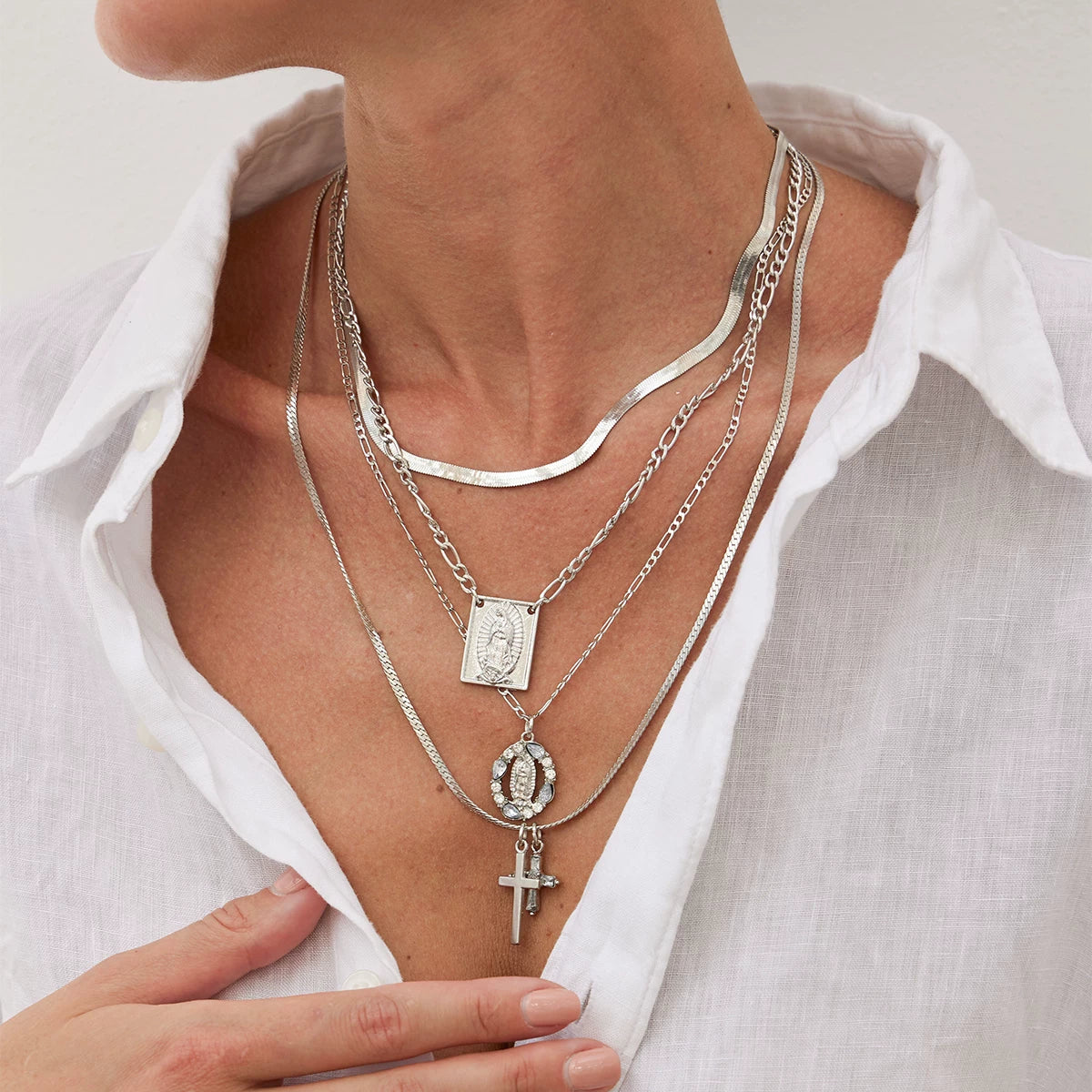 4-Piece Cross Flat Snake Bone Necklace Set – Layered Clavicle Chain Design