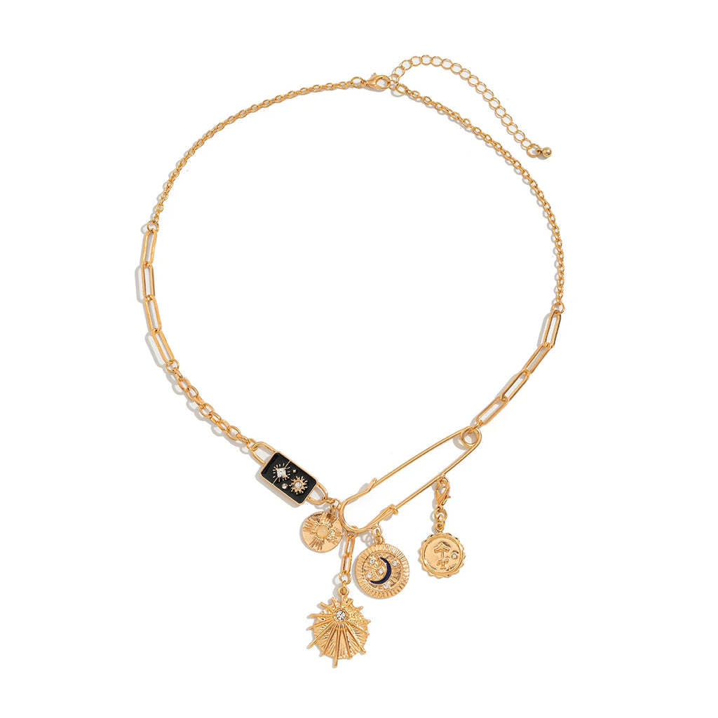 Star & Moon Round Pin Cross Necklace for Women – Asymmetric Clavicle Chain Design