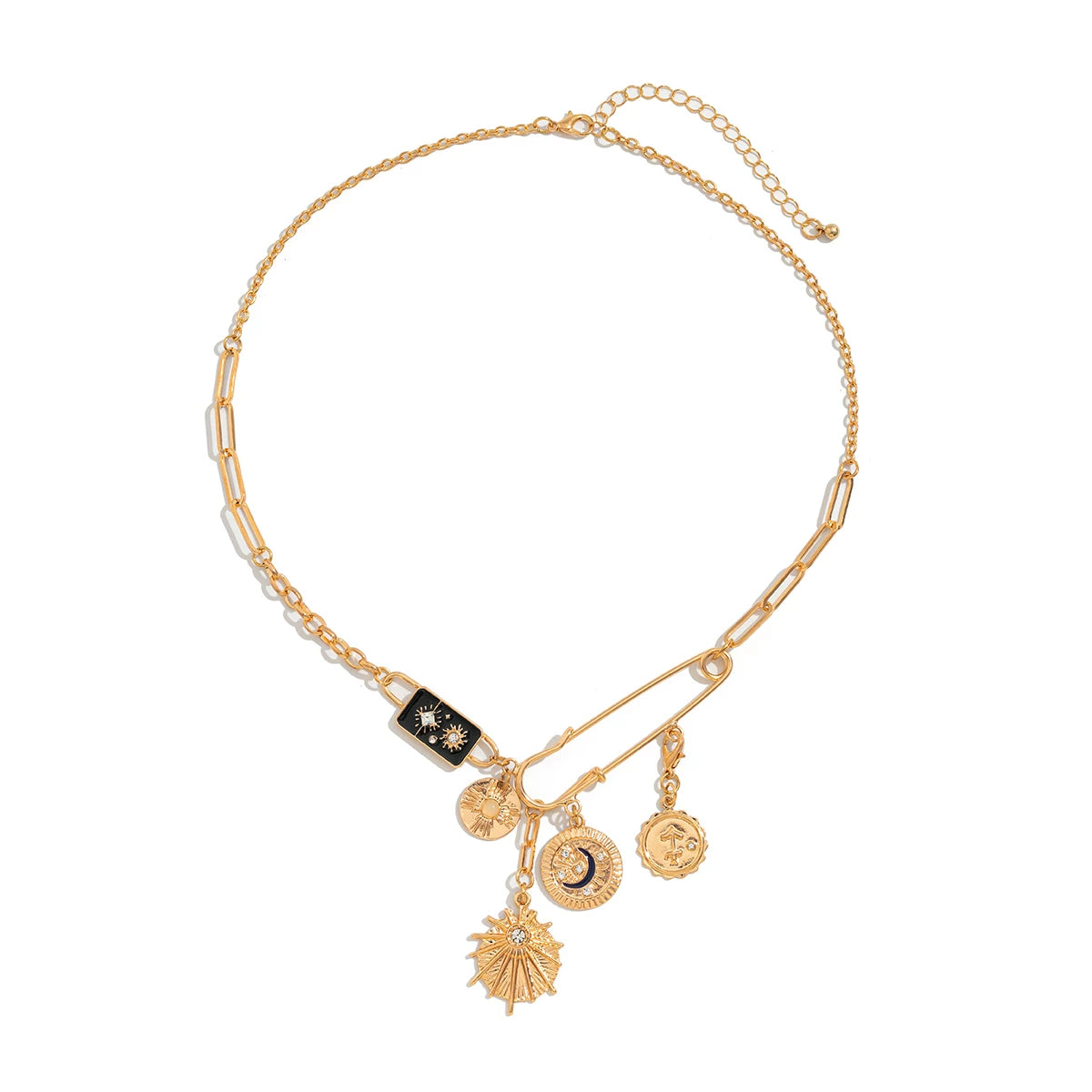 Star & Moon Round Pin Cross Necklace for Women – Asymmetric Clavicle Chain Design