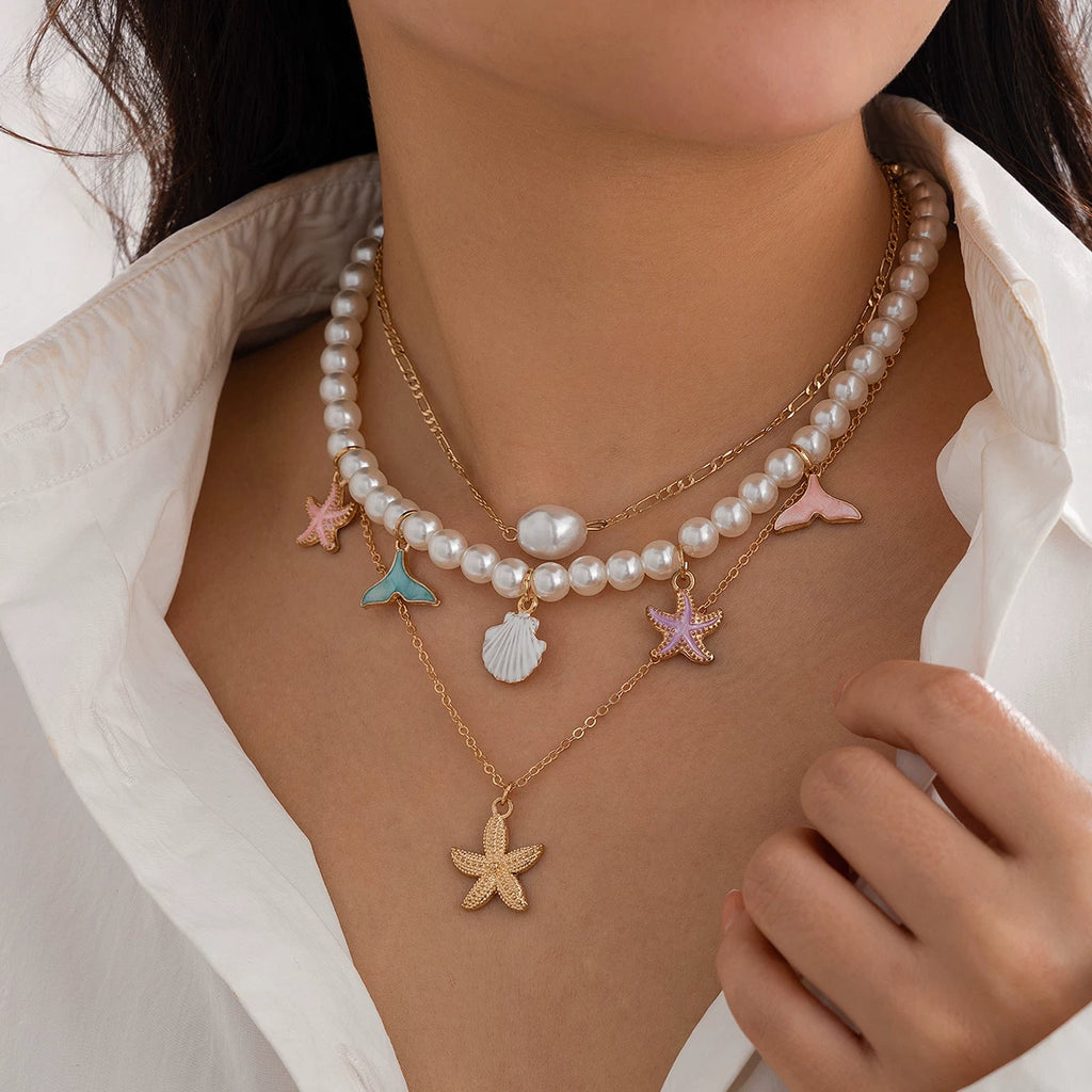 3-Piece Starfish & Scallop Imitation Pearl Necklace Set – Layered Clavicle Chain Design