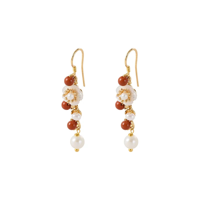 Natural Pearl Southern Red Agate Flower Earrings for Women – Braided Long Drop Fashion Earrings