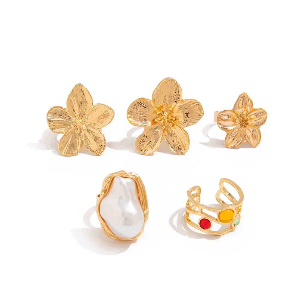 5-Piece Baroque Imitation Pearl Flower Ring Set Hip-Hop Fashion Personalized Travel Photo Matching Ring Set