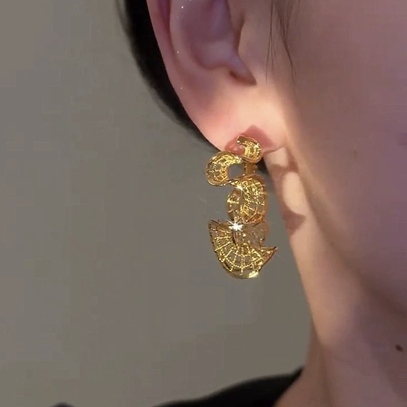 French Hollow Gold Wave Earrings for Women – Geometric Drop Earrings, Lightweight Fashion Jewelry