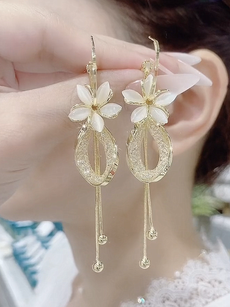 Cat Eye Petal Long Earrings for Women – Double Band Design S925 Silver Needle Drop Earrings