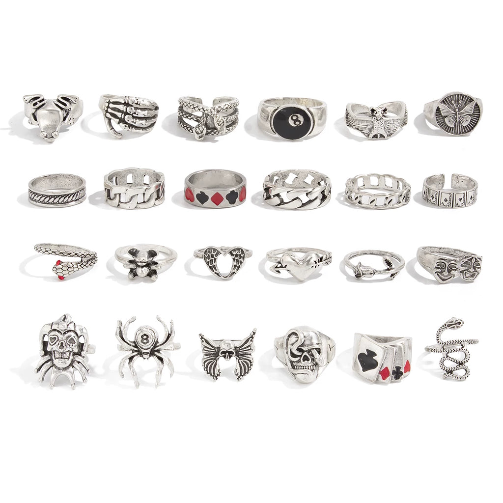 20-Piece Metal Poker Animal Ring Set, Gothic Style Retro Hip-Hop Fashion Festival Matching Ring Combination