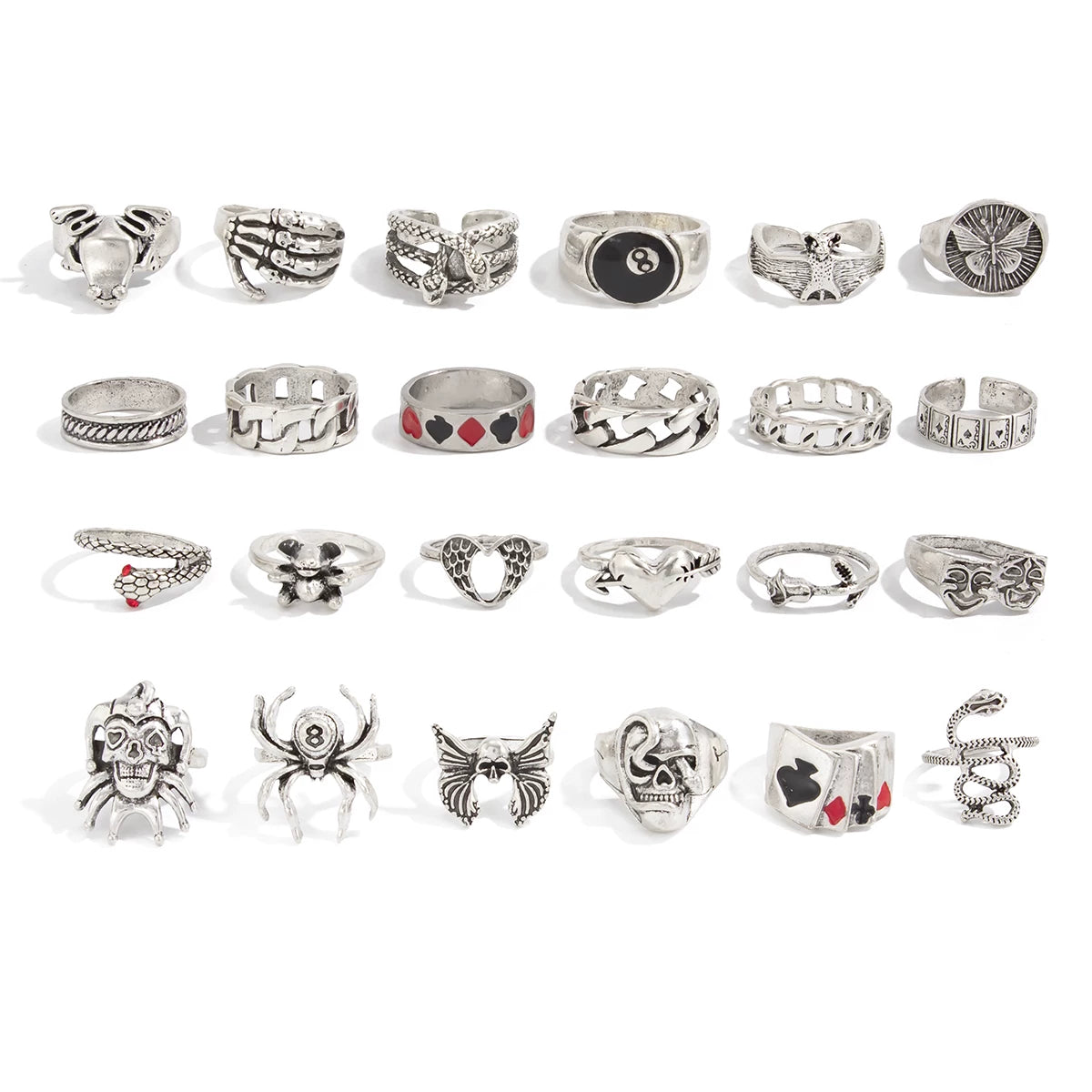 20-Piece Metal Poker Animal Ring Set, Gothic Style Retro Hip-Hop Fashion Festival Matching Ring Combination