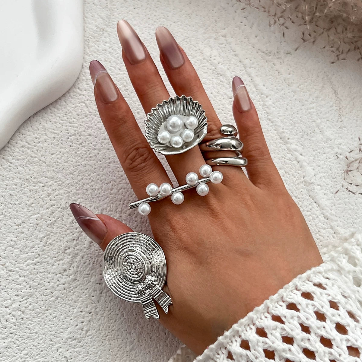 Metal Hat Imitation Pearl Ring For Women 2025 Spring And Summer Fashion Personality Niche Design Internet Celebrity Ins Style Ring Trend