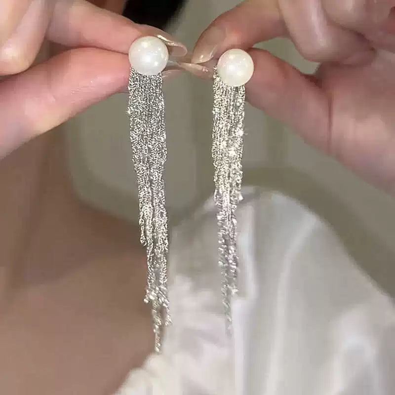 Moon and Star Pearl Tassel Earrings for Women – S925 Silver Needle Long Drop Fashion Earrings