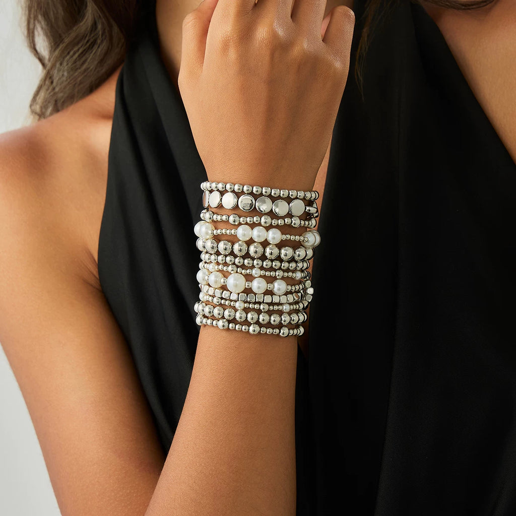 12-Piece Imitation Pearl CCB Bracelet Set for Women – European & American 2025 Summer Trendy Stacking Fashion Jewelry
