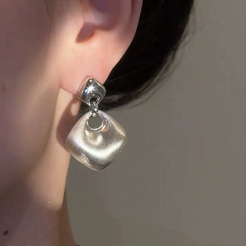 Brushed Geometric Square Earrings for Women – S925 Silver Needle Minimalist Fashion Earrings