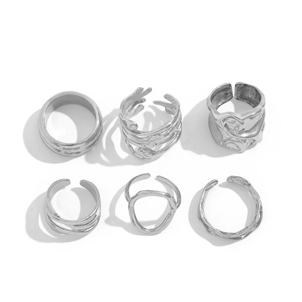 Set Of 6 Cropped Asymmetric Pleated Rings European And American Fashionable And Elegant Travel Photo Matching Rings