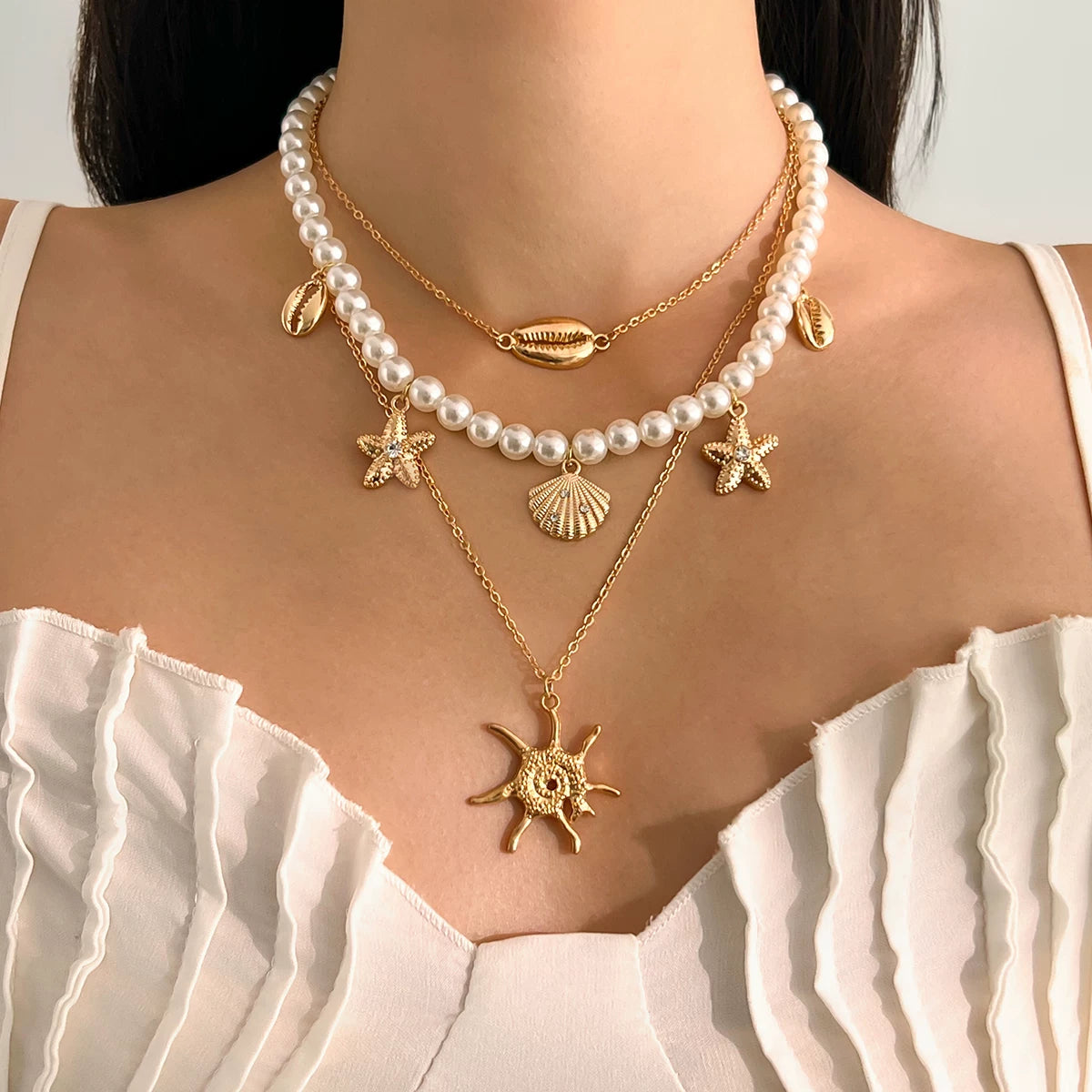 3-Piece Starfish Shell Imitation Pearl Necklace Set for Women – European & American Seaside Vacation Fashion Jewelry Accessories