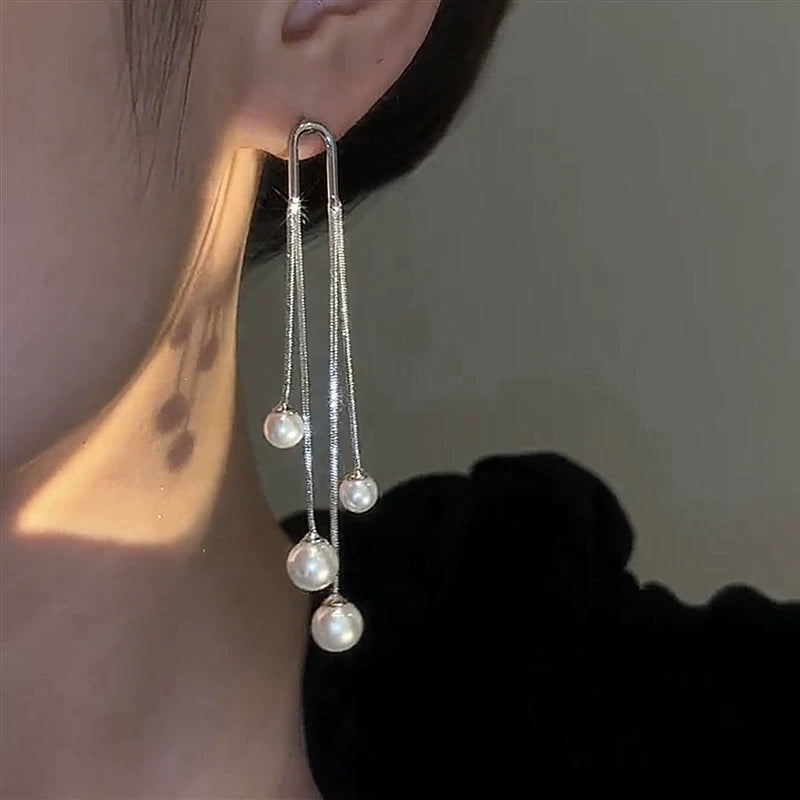 S925 Silver Needle Pearl Tassel Earrings for Women – Long Drop Korean Style Earrings, Lightweight Fashion Jewelry
