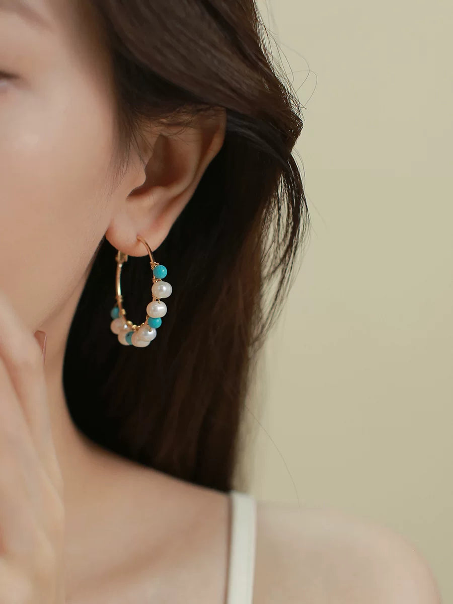 Natural Pearl Hand-Wrapped Turquoise Hoop Earrings for Women – Chinese Style Beaded Round Earrings