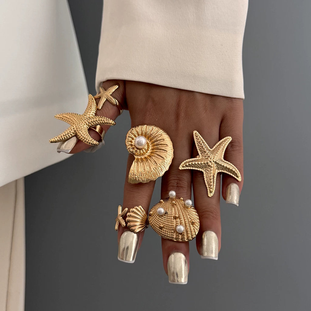 6-Piece Starfish, Scallop And Conch Ring Set. Hip-Hop Fashion Trend. Cool Accessories For Seaside Travel And Vacation.