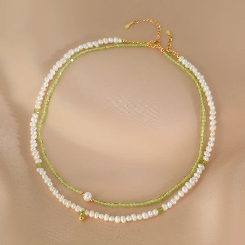 Natural Peridot and Freshwater Pearl Double Layer Clavicle Necklace for Women – Layered Stone and Pearl Necklace