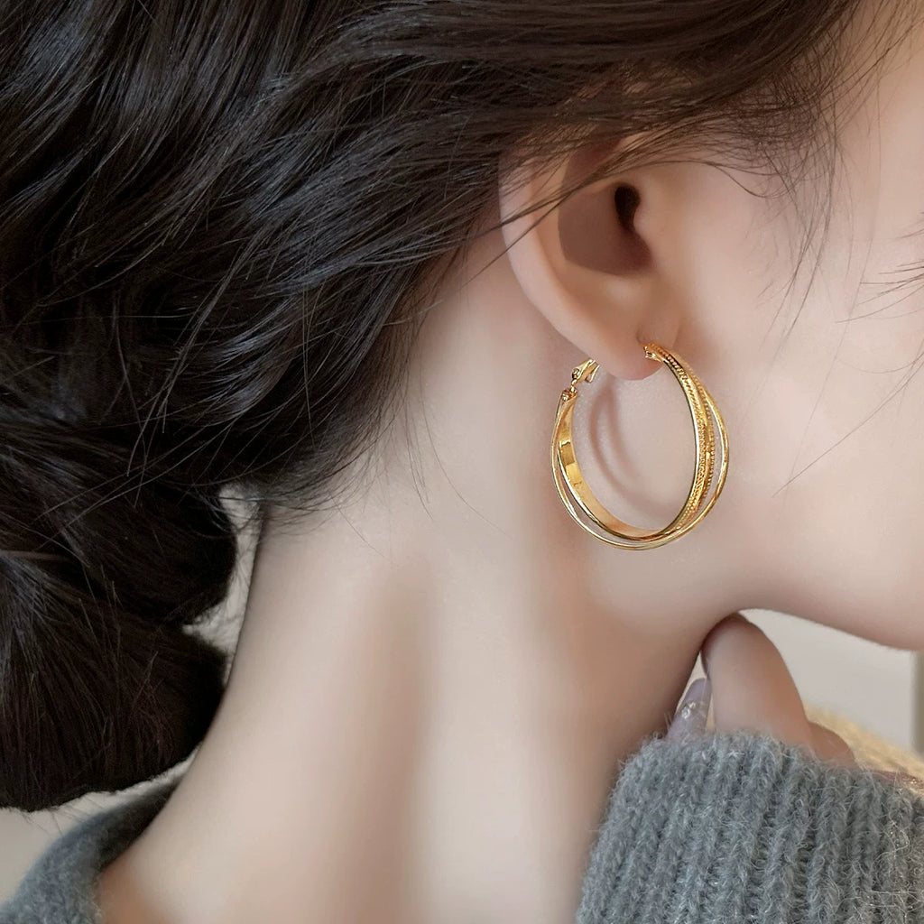 French Gold Large Hoop Earrings for Women – Sterling Silver Statement Hoop Earrings, Minimalist Niche Design, 2025 Trendy Jewelry