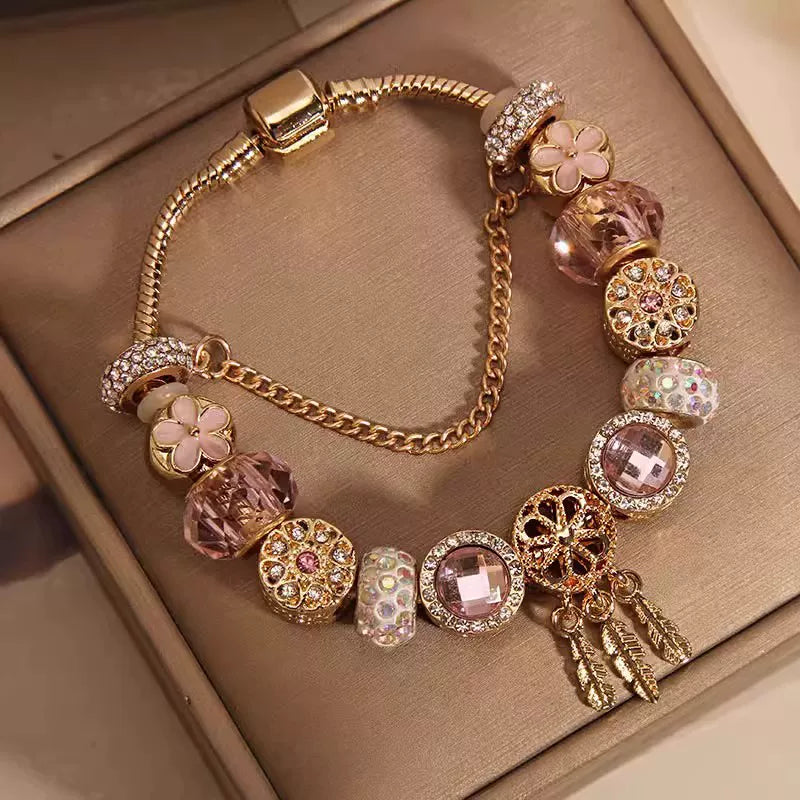 French-Style Dream Catcher Pendant Glass Bead Bracelet for Women – Retro Minimalist Fashion Charm Jewelry