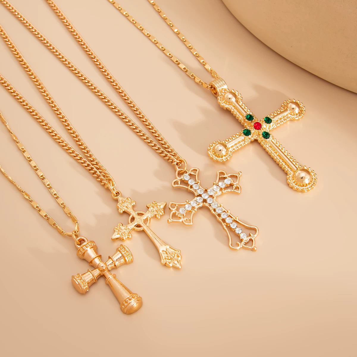 4-Piece Diamond-Style Cross Necklace Set for Women – Layered Clavicle Chain Design