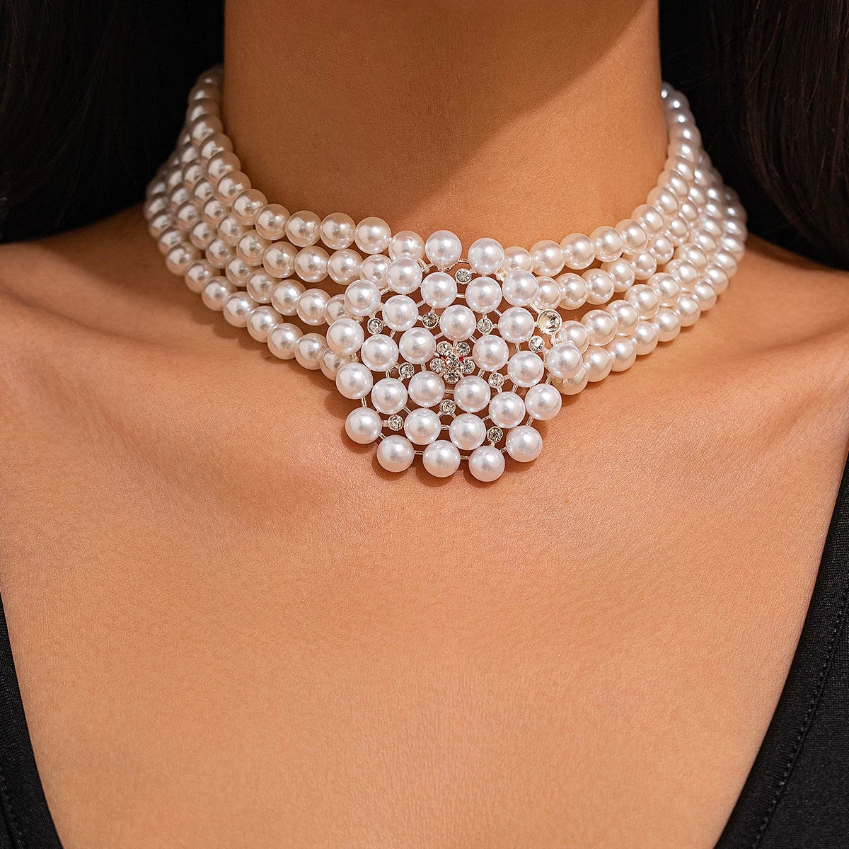 Diamond-Encrusted Hollow Multi-Layer Imitation Pearl Bracelet Necklace For Women, Hip-Hop Exaggerated Fashion Personality Photo Accessories