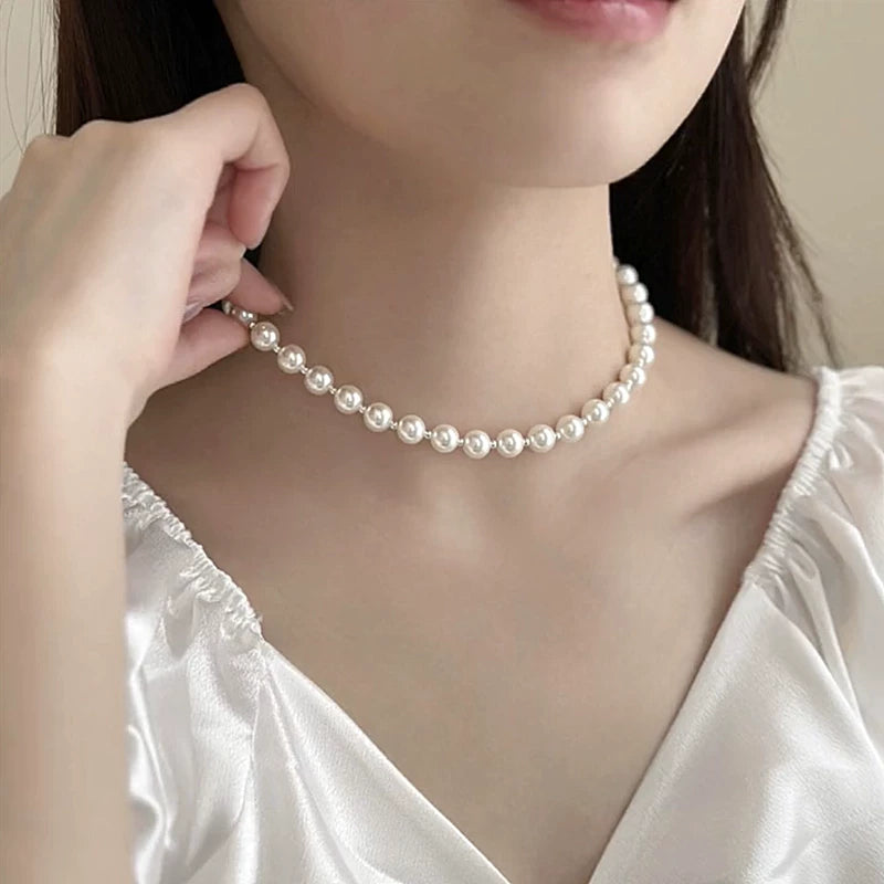 Ice Blue Iris Bead Necklace for Women – French Style Clavicle Chain, Minimalist Fashion Jewelry