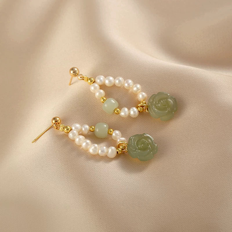 Freshwater Pearl Hetian Jade Rose Earrings for Women – Floral Summer Fashion Earrings