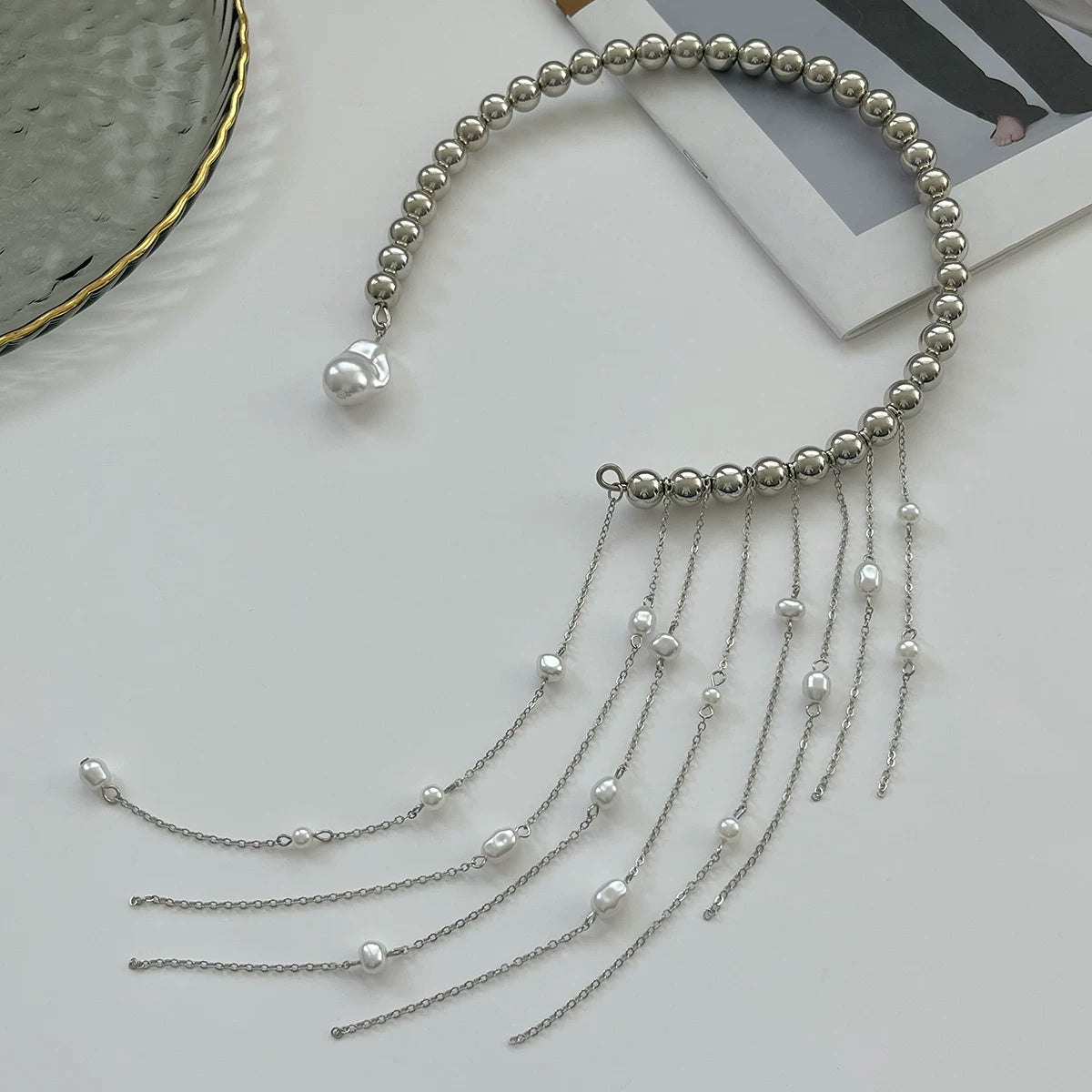 Tassel Imitation Pearl CCB Choker Necklace for Women – Clavicle Chain Design