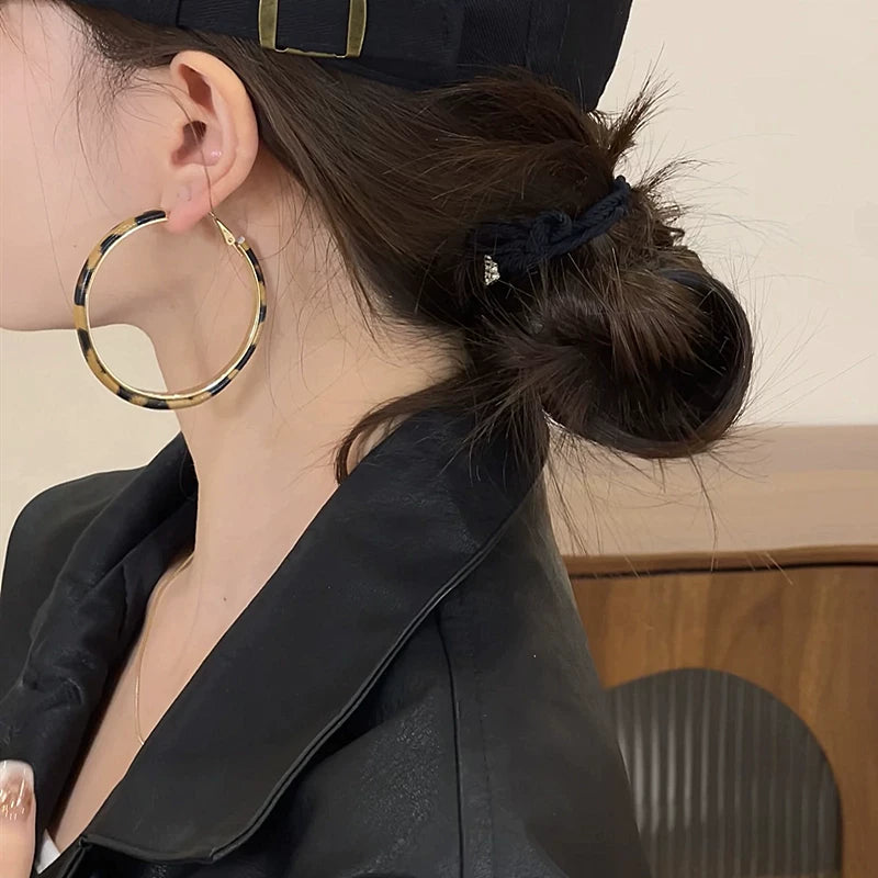 Leopard Print Hoop Earrings for Women – S925 Silver Needle Retro Large Round Earrings