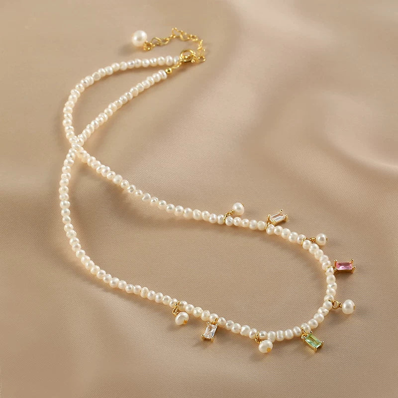 Natural Small Pearl Tassel Necklace for Women – Color Crystal Clavicle Chain Fashion Necklace