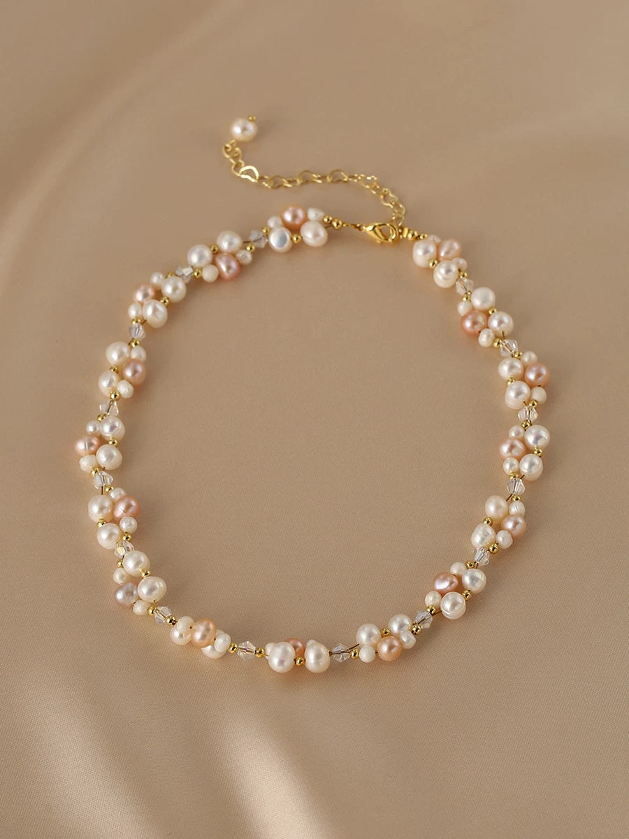 Double Layer Braided Natural Pearl Necklace and Bracelet Set for Women – Beaded Jewelry Set