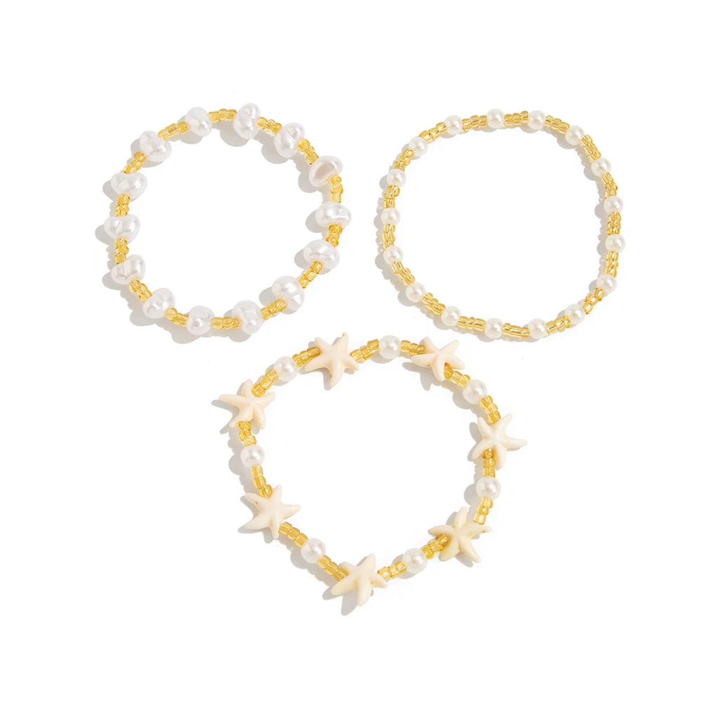 3-Piece Starfish, Rice Bead & Imitation Pearl Bracelet Set for Women – Summer Trendy Seaside Vacation Fashion Accessories