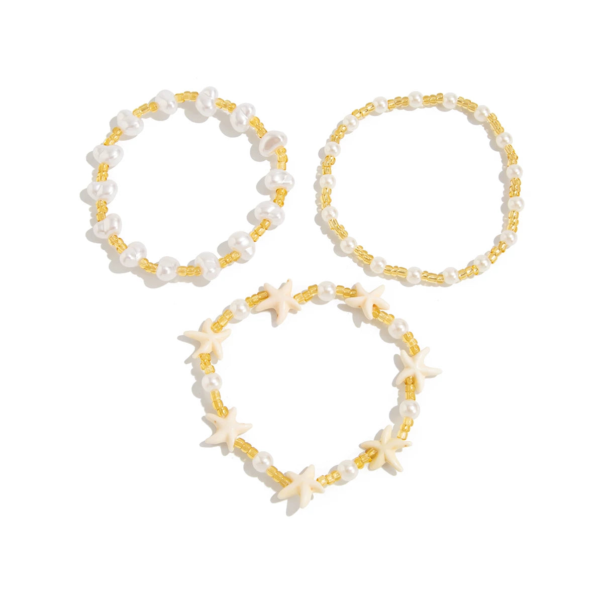 3-Piece Starfish, Rice Bead & Imitation Pearl Bracelet Set for Women – Summer Trendy Seaside Vacation Fashion Accessories